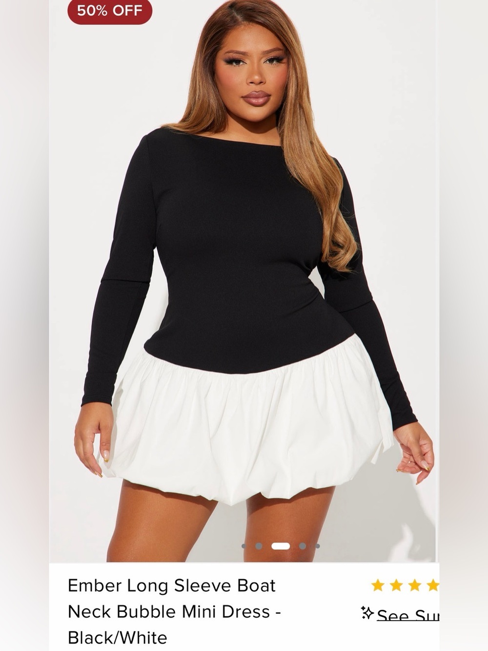 New With Tags- Ember Black Long Sleeve Boat Neck Bubble Mini Dress